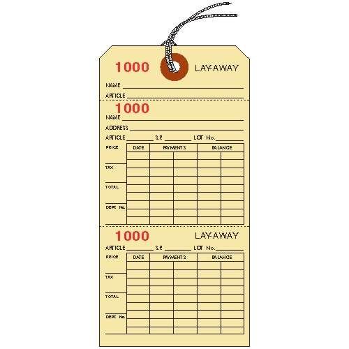 LAYAWAY TicketsTags, 6.25 X 3.125, Manila Cardstock, 3-Part, Consecutively Numbered, Prestrung - Pack of 100