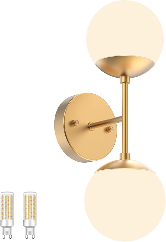 Tipace Gold Wall Sconce 2 Lights,Modern Globe Wall Light, Mid Century Golden Globe Wall Sconce 2-Light for Restaurant Living Room Bedside Stairs Bathroom Mirror(3000K G9 Bulbs Include)