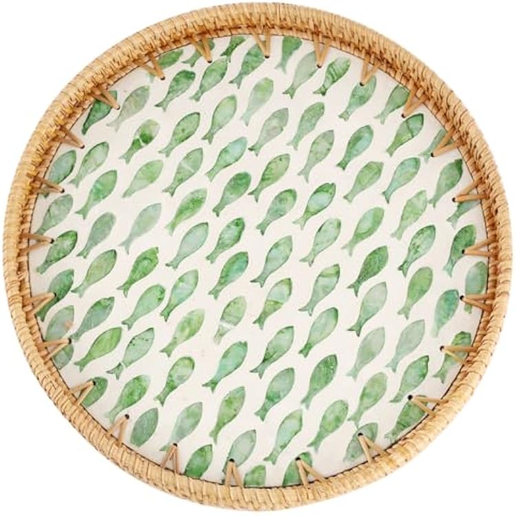 Round Rattan Tray with Mother of Pearl Inlay, Rattan Serving Tray for Coffee, Bread, Fruits, Decorative Wicker Tray for Table Decor, Home Decor, Kitchen Island Decor Round Green Fish, 11.8