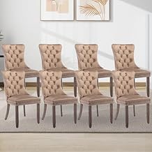 Velvet Dining Chairs Set of 8, Upholstered with Ring Pull Trim & Button Back (Khaki)