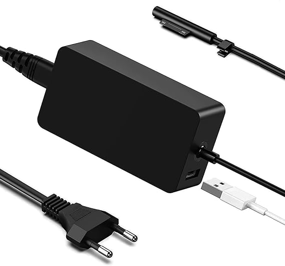 Surface Pro şarj kablosu, Surface Pro 3/4/5/6/7/X için 15 V 4 A 65 W Surface Pro şarj kablosu, Surface Book, Surface Laptop/Go 1706 için, USB bağlantısı ve güç kaynağı için uzatma kablosu ile.