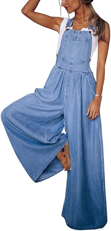 utcoco Women's Casual Loose Denim Overalls Adjustable Strap Wide Leg Bib Jean Overalls Jumpsuit with Pockets