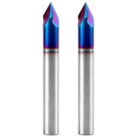 EANOSIC 2PCS 60 Degree V Groove Router Bit 1/4 Inch Shank, 3-Flute Nano Blue Coated Solid Carbide V Router Bit for CNC Engraving and Chamfering