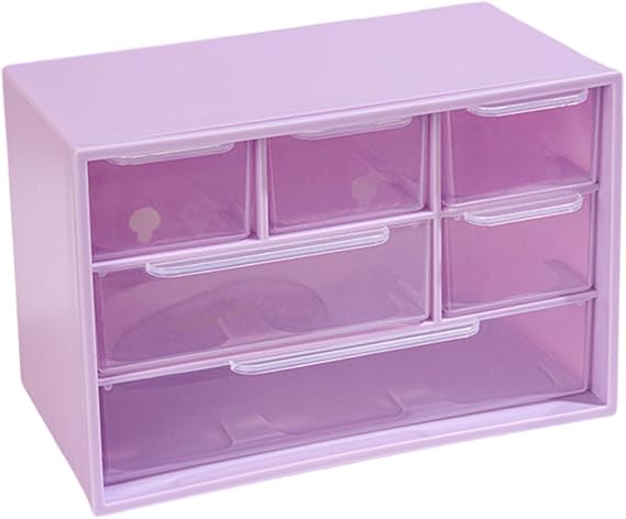Plastic Desk Organizer with 6 Clear Drawers, 3 Tier Stackable Storage Drawers Cabinet Small Size Box Caddy for Makeup Jewelry Office Craft Supplies, 7 Inch X 3.9 Inch X 4.7 Inch (Purple)