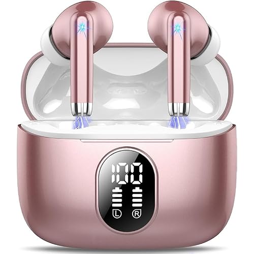 Wireless Earbuds, 2025 New Bluetooth 5.4 Headphones HiFi Stereo with 4 ENC Mic, 40H Mini Ear Buds In-Ear Noise Cancelling Earbuds with LED Screen, Ultra Light Bluetooth Earphones Pink for Android iOS