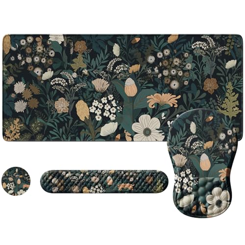 iLeadon Floral Desk Mat, Large Mouse Pad for Desk, Ergonomic Mouse Pad with Wrist Support, Smooth Gaming Desk Mat, Non Slip Desk Pad for Keyboard and MouseGrass