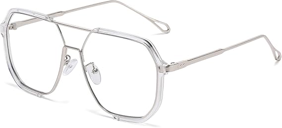 LJCZKA Square Blue Light Blocking Glasses Women Men 70s Pilot Metal Frame Oversized Double Bridge Computer Gaming Eyeglasses Anti Eyestrain Clear Lens