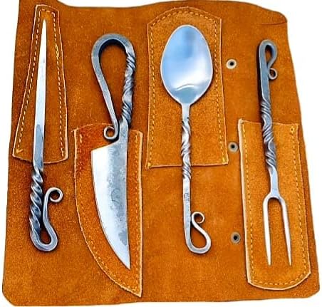 Hand Forged Medieval Cutlery Set - Viking Silverware Set with Leather Cover