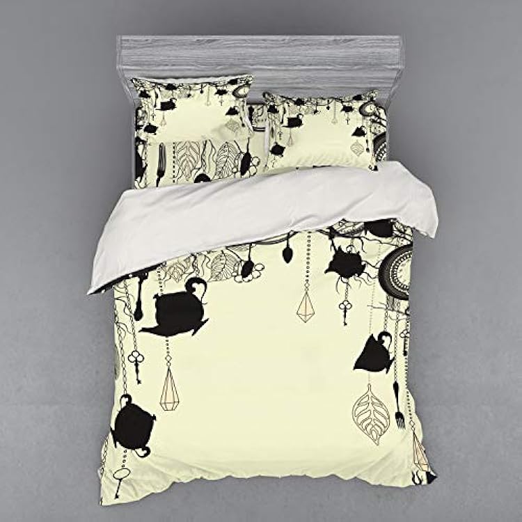 Ambesonne Antique Bedding Set, Vintage Tea Party Diamond Forks Spoons Cups Leaves Tree Branch Art, 4 Piece Duvet Cover Set with Shams and Fitted Sheet, Queen Size, Avocado Green Black