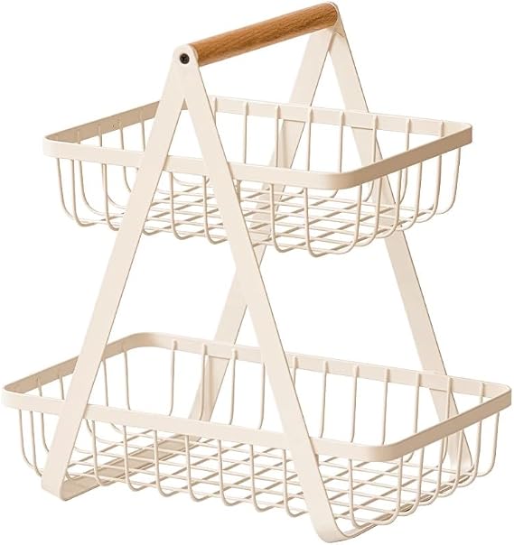 LANDTOM 2 Tier Countertop Fruit Basket Bowl for Kitchen, Kitchen Counter Metal Wire Storage Basket Fruits Stand Holder Organizer for Bread Snack Veggies Produce Rectangular, White