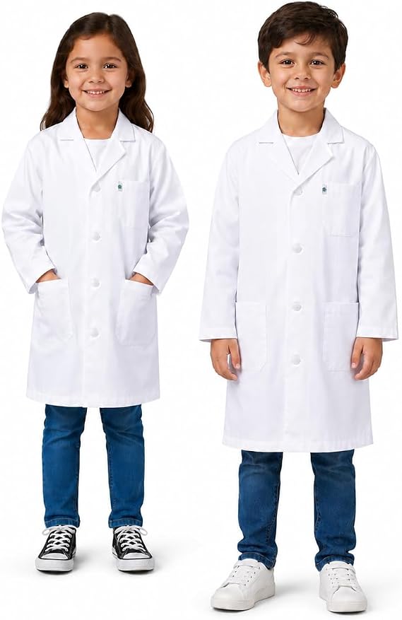 White Boys' Lab Coat by DR Uniforms | Soft cotton-blend kids lab coat for science fairs, STEM activities, doctor dress-up, classroom labs and pretend play