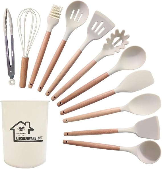 Kitchen Utensil Set with Holder, 12Piece Silicone Cooking Tools with Wooden Handles, White
