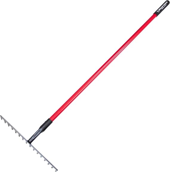 Bully Tools 7-Gauge 16-Tine Stone Rake | Heavy Duty Garden Rake for Spreading Gravel Stones and Mulch | 66" Fiberglass Long Handle Lawn Rake for Soil Leveling and Smoothing, Yard Rake 100% Made in USA