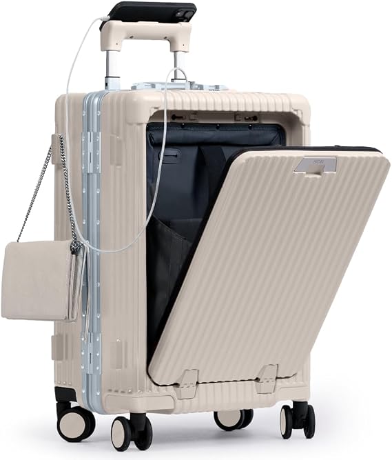 Nobl Travel Carry on Luggage, Zipperless Aluminum Frame Hard Shell Suitcase | Airline Approved, TSA Locks, 360 Spinner Wheels, USB Charging Port, Cup & Phone Holder, 22.5x15x9.5, Sand