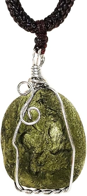 Moldavite Crystal Necklace,Raw Czech Meteorite Stone Birthstone Pendant,Green,Irregualr Shape,Wire Wrap