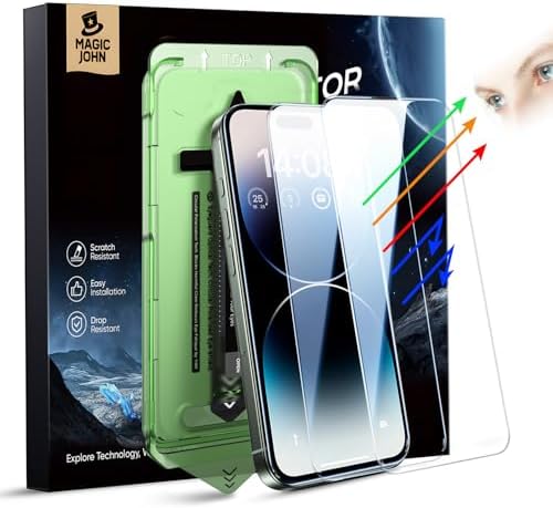 MAGIC JOHN 2PACK for iPhone 14 Pro 6.1 Eye Protection Screen Protector, HD Clear, Auto Dust-Elimination, 9H Tempered Glass & Scratch Resistance, Full Edge Coverage