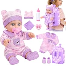 XFEYUE 12'' Baby Doll with Bear Pattern Backpack in Gift Box,Including Clothes Accessories, Backpack, Baby Bottle, Pacifier, Hat, Socks, and Handkerchief for 3+ Child Girls Gifts