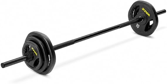 ZIVA 35lb Studio Barbell Weight Set Adjustable Home Gym Kit with 6 Standard Rubber Urethane Plates, 5' All Black Chrome Bar (1.18" diam) & Collars