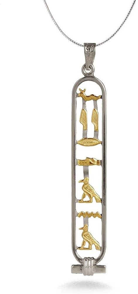 Discoveries Egyptian Imports - Personalized Cartouche Necklace - Available in 14K Gold, 18K Gold and Sterling Silver - Open Style - Translate any letters into Hieroglyphs - Handmade in Egypt
