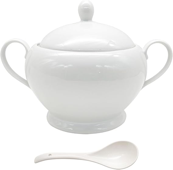 Porcelain Soup Tureen with Lid and Ladle Set, Double-Ear Covered Tureen Classic Serving Bowl for Soups, White