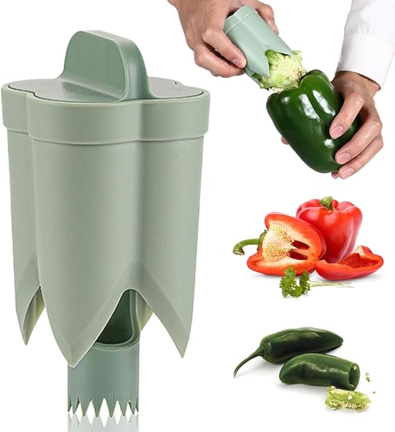 2 in 1 Pepper Seed Corer, New Chili Corer Peppers Seed Remover, Easily Slice Off Vegetable Tops - Green (1pcs)