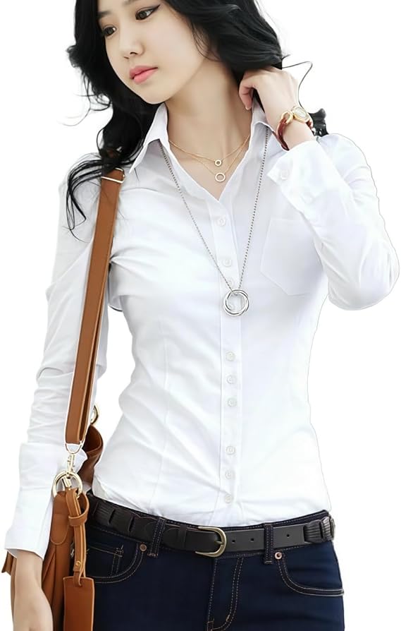 Women's Classic Button Down Shirt Long Sleeve Dress Shirts Collared Work Office Solid Blouse Corset Tops with Pockets