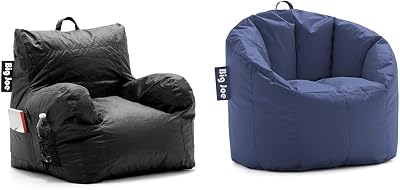 Big Joe Dorm Bean Bag Chair with Drink Holder and Pocket, Black Smartmax, Polyester Nylon Blend & Milano Beanbag Chair Navy Smartmax