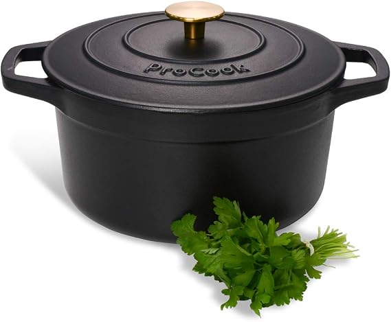 ProCook Black Cast Iron Round Casserole Dish with Self Basting Lid Enamel Coated Induction Compatible Modern Classic Cookware - 24cm / 4.7L