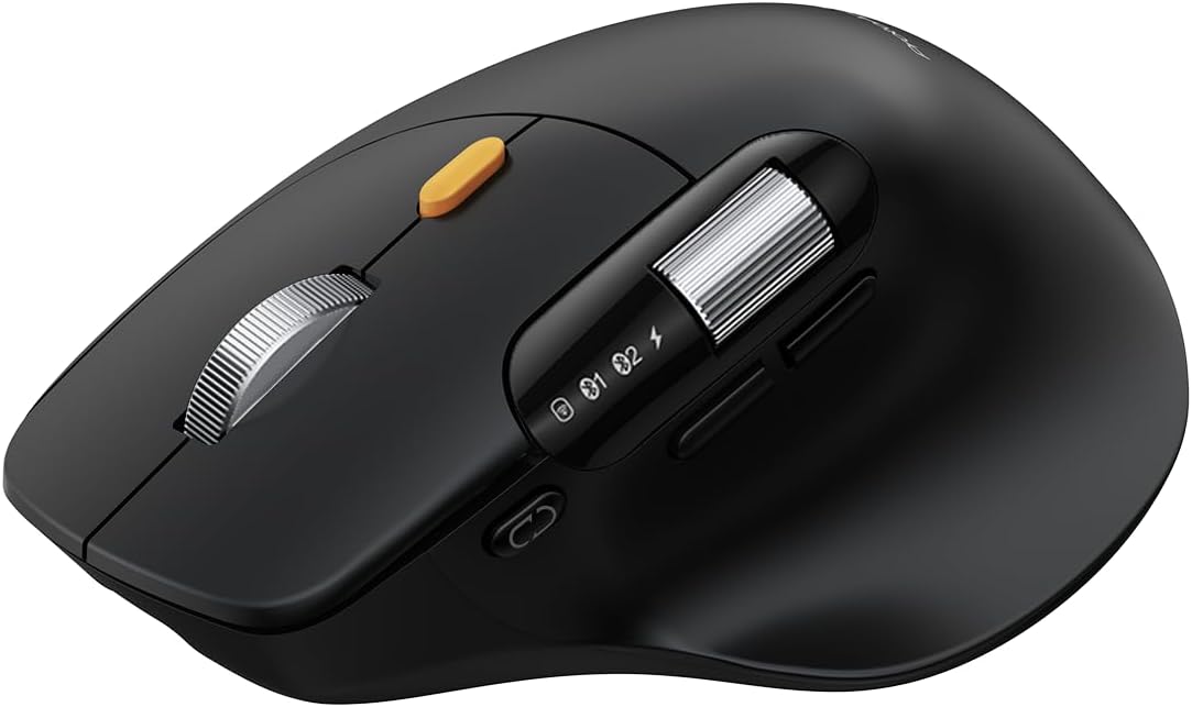 ProtoArc EM25 Ergonomic Mouse with Fast Scrolling, 2.4G Wireless + 2* Bluetooth Computer Mouse, Thumb Scroll, Custom Button, Rechargeable, 8K DPI, for Windows/Mac/Android, Black