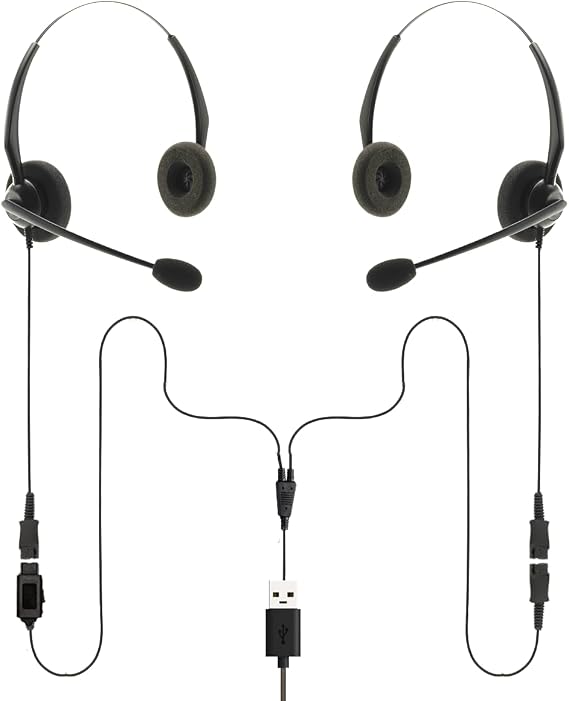 Project Telecom Binaural Training, Supervising & Coaching Headset Kit – USB-A & USB-C 2-User Splitter with Noise-Canceling Microphones Compatible with Microsoft Teams, Zoom, Cisco Webex