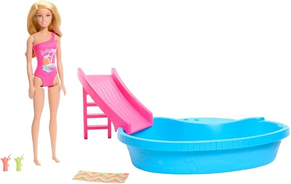 Barbie Doll and Pool Playset, Blonde in Tropical Pink One-Piece Swimsuit with Pool, Slide, Towel and Drink Accessories