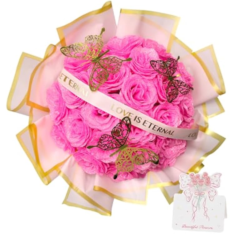 Pink Glitter Roses Gift for Her, DIY Artificial Rose Butterfly Flowers Bouquet Rose Gifts for Mothers Day Valentine Anniversary Birthday Gift for Women Wedding Decoration