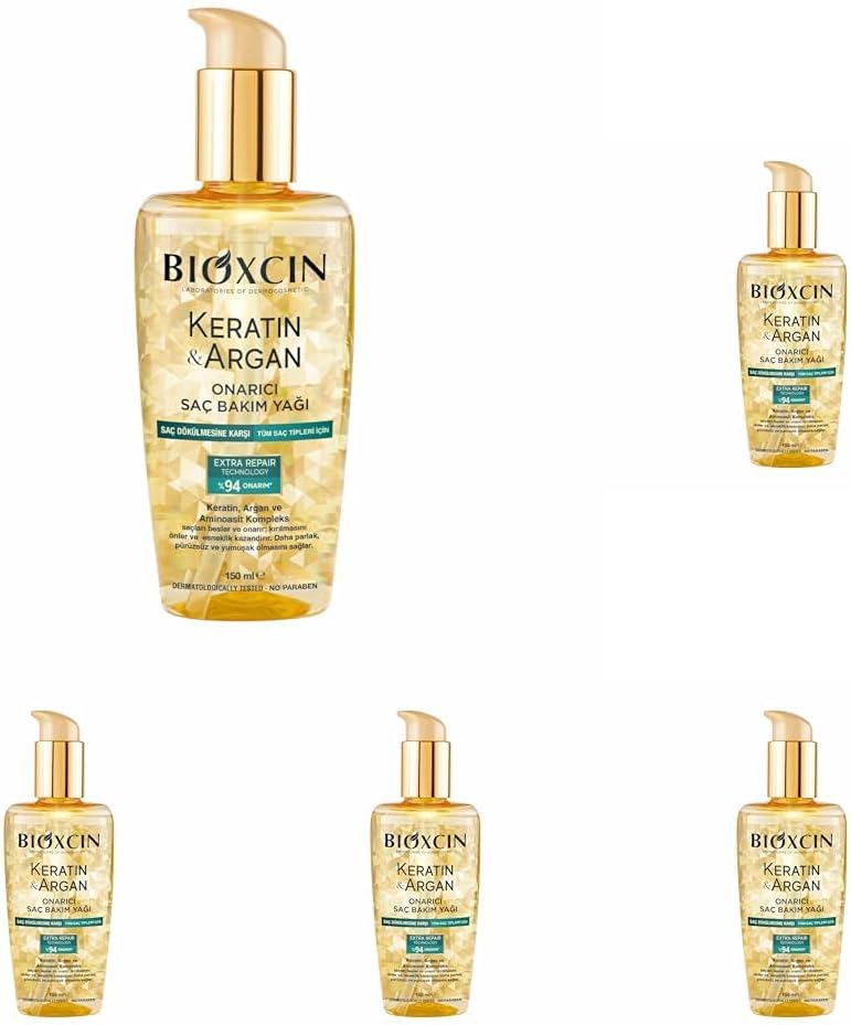 Bioxcin Keratin & Argan Onarıcı Saç Bakım Yağı 150 ml – Yıpranmış Saçlar İçin Nemlendirici ve Parlaklık Veren Bakım 5 paketi