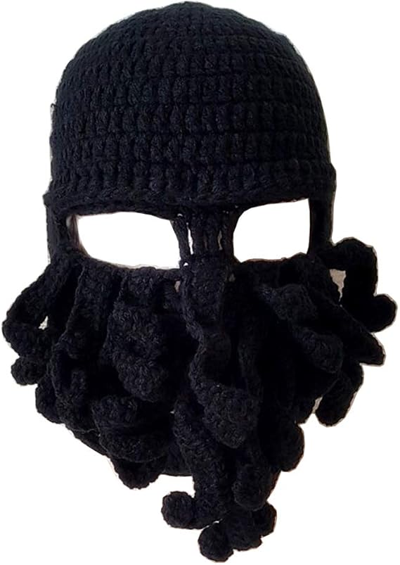 YEKEYI Funny Knight Helmet Beanie with Beard Hat Handmade Knitted Winter Thick Cap Octopus Hat Halloween Cosplay Ski Mask