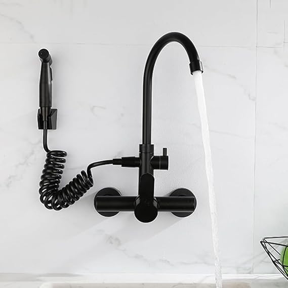 Wall Mounted Mixer Tap Kitchen Sink 2 Hole Black Kitchen Tap Pull Out Spray Stainless Steel Sink Taps for Kitchen Single Handle