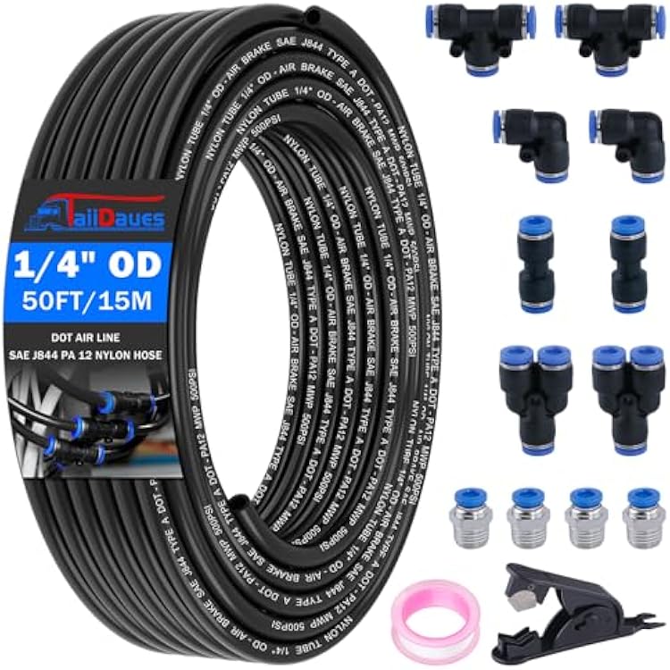 49 Pcs Brass DOT Air Line Fittings Assortment & 15 Pcs 14 Air Line Tubing Kit,14 OD DOT Air Line 50 FT15 m SAE j844 PA Nylon Air Hose Tube