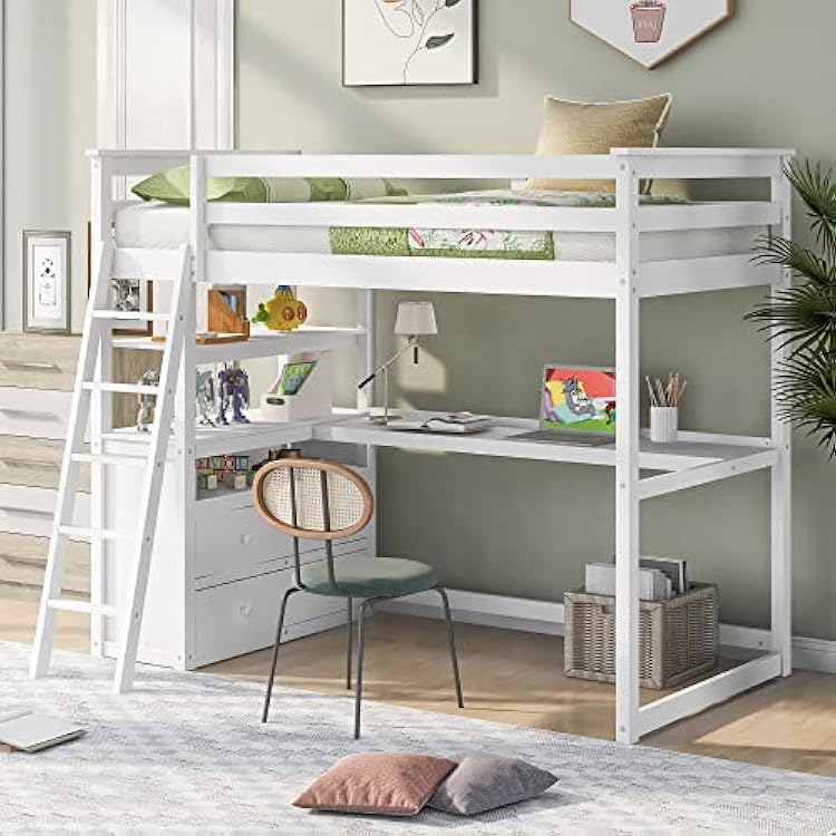 Bellemave Twin Size Loft Bed with Desk and Shelves, Wood Loft Bed Frame with Storage Drawers, for Kids Teens Adults - White