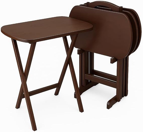 Ergode Corbett Brown Folding TV Tray Table Set with Storage Stand - Stylish Antique Walnut Design, Easy Maintenance, Ideal for Dining, Serving, and Work - Compact & Portable Rectangular Shape