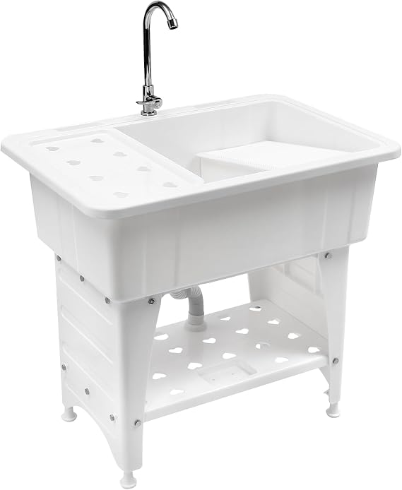 30-Gallon Plastic Utility Sink with Washboard&Stainless Steel Faucet, 220lbs Load Capacity, Freestanding Multi-Purpose Heavy-Duty Laundry Tub and Kitchen Sink for Homes & Business