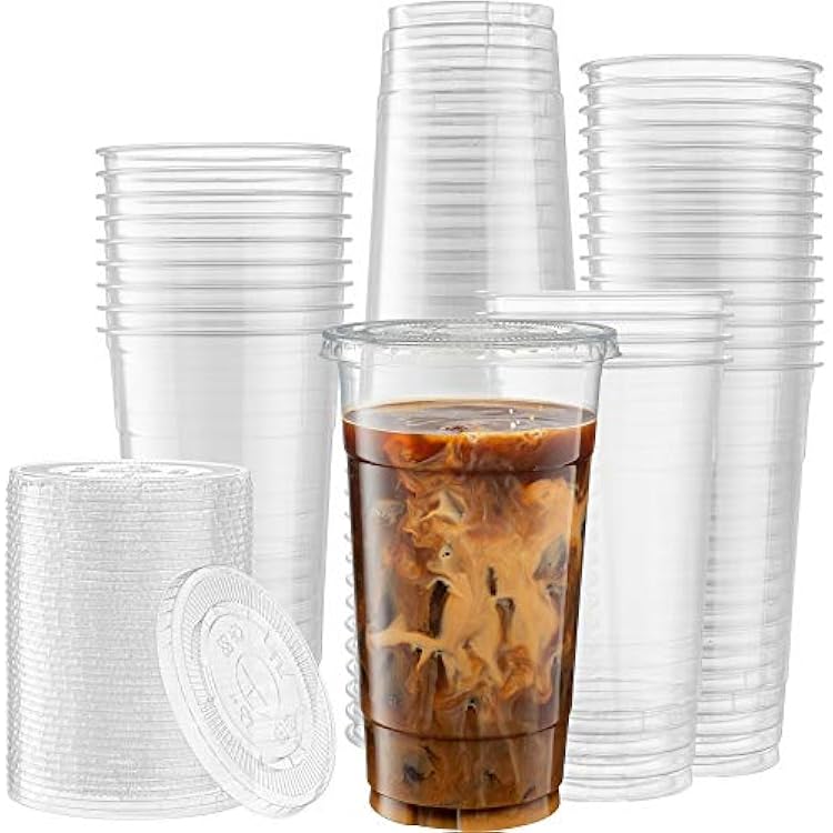 [100 Sets - 32 Oz] 32 Ounce Crystal Clear PET Cups With Flat lids for Iced Coffee, Cold Drinks, Milkshake, Slush Cups, Smoothys, Slurpee, Partys, Plastic Disposable Cups