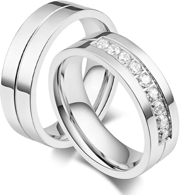 2Pcs Mens Womens wedding ring set Two Rings His Hers Matching Couples Rings Titanium Steel CZ Wedding Engagement Ring Bridal Sets Comfort Fit (Men's 9 & Women's 7, Silver)