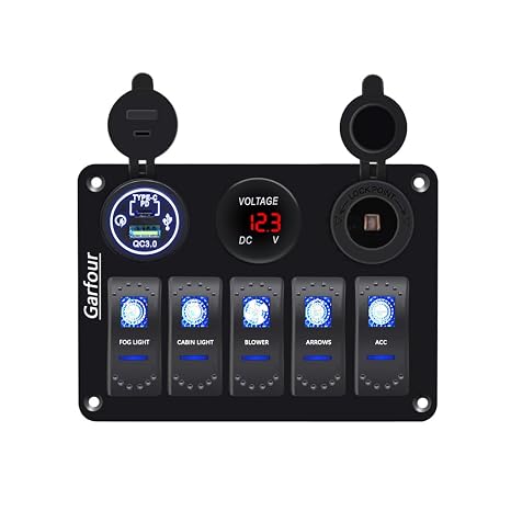 5 Gang Boat Switch Panel Marine, Waterproof Rocker Switch Panel with 12V Voltmeter, Type-C & QC 3.0 USB Charger for 12V/24V Car Truck Boat RV