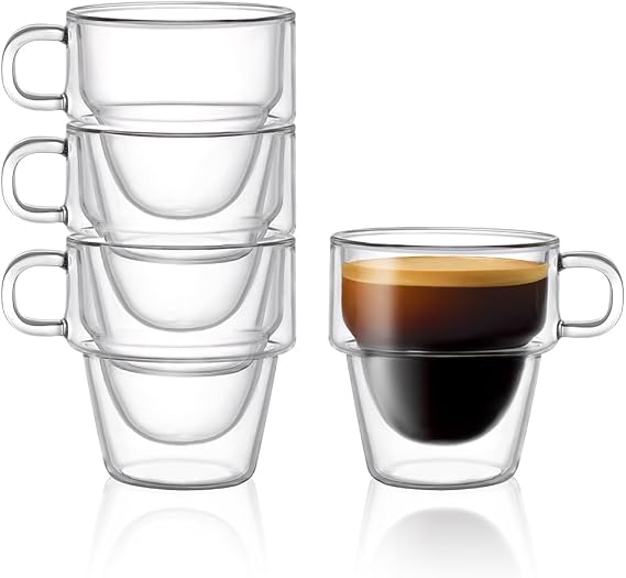 JoyJolt Stoiva Double Wall Insulated Espresso Glass Cups 5 oz. (150 ml) Shot Cup with Handle Stackable Thermal Clear Glass Cups, Fit for Espresso Machine and Coffee Maker Set of 4