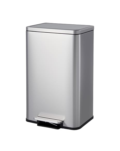 Garvee Kitchen Trash Can, 13 Gallon Stainless Steel Garbage Can with Quiet Soft-Close Lid, Foot Pedal & Removable Inner Bucket, Rectangular Step Waste Bin for Living Room Office Bedroom, Silver
