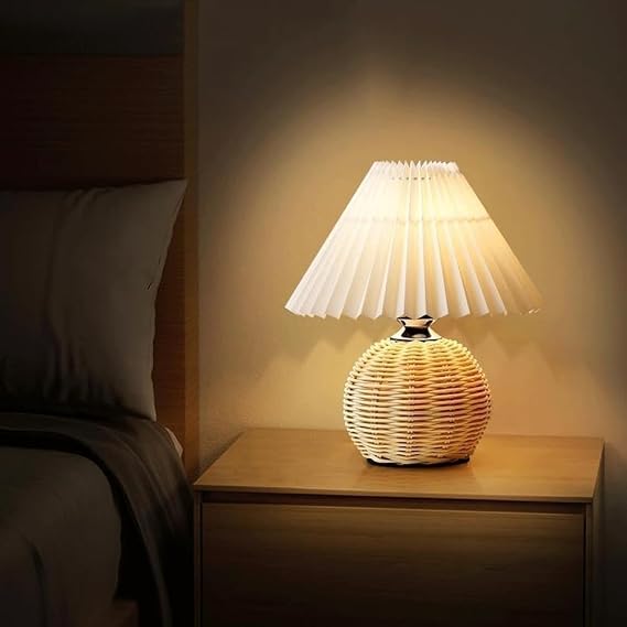Natural Simple Pleated Fabric Rattan Desk Light Ambient Fashion Bedroom Bedside Lamp Living Room Apartment