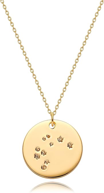 MEVECCO Engraved Zodiac Constellation Disc Necklaces for Women | 18K Gold Plated Brass Or Silver Plated Brass, Twelve Fixed Zodiac Signs, Polished Celestial Styling