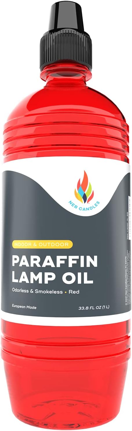 The Dreidel Company Liquid Paraffin Lamp Oil - 1 Liter - Smokeless, Odorless, Ultra Clean Burning Fuel for Indoor and Outdoor Use (Red)