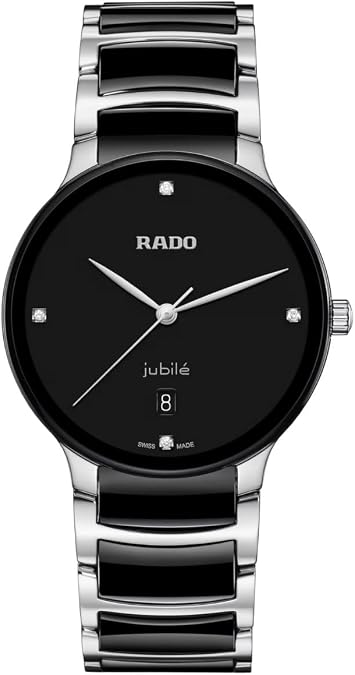 Rado - Centrix - Unisex Quartz Swiss Watch - 39mm Black Dial with Date - Silver & Black High-Tech Ceramic Bracelet - R30021712