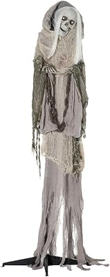 6.2FT Halloween Animatronic Skeleton Ghost Woman Life-Size Sound & Touch Activated Prop with Moving Head, Bendable Arms & Glowing White Eyes Halloween Indoor & Outdoor Scary Decoration