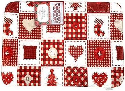 Serafina Home Luxury Holiday Christmas Traditional Patch Printed Foam Memory Floor Mat Rug with Red White Beige Checkered Accents Kitchen Foyer Office Entry Way